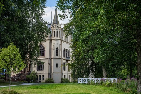 A castle with Gothic elements, surrounded by green landscape and trees, Schloss Evenburg, Leer,