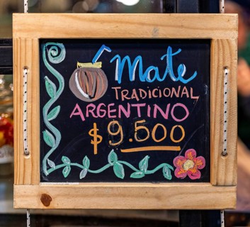 Advertising board for mate, market hall in San Telmo, Buenos Aires, capital of Argentina
