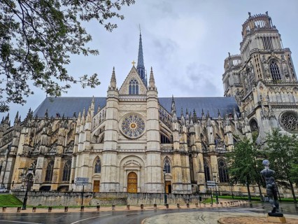 The magnificent Flamboyant Gothic Orleans Cathedral of the Holy Cross on a rainy day. French