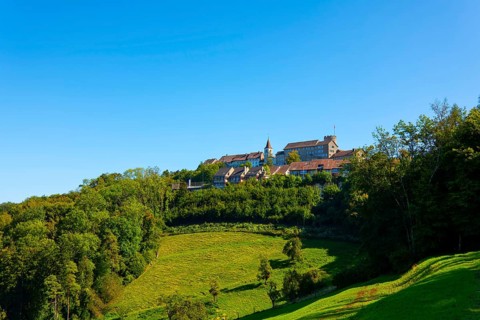 Medieval Old Town with House and Castle Tower on a Hill with Forest in a Sunny Summer Day with Blue