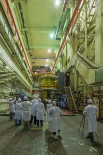 People in protective clothing visit the Chernobyl nuclear power plant, Chernobyl nuclear power