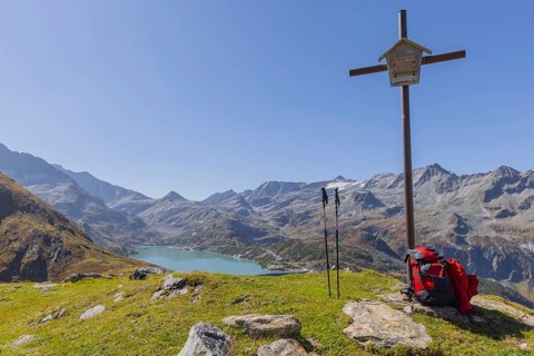 Landscape panorama, summit cross, hiking area, Uttendorf Pinzgau, Tauernmoossee lake