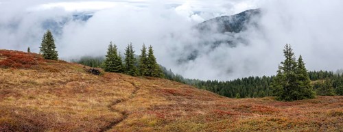 Colourful landscape with fog in autumn, Schladminger Tauern, Schladming, Styria, Austria
