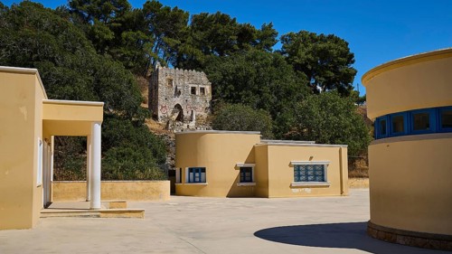 Primary school, Modern building with round buildings and forest in the background, Historicism, Art