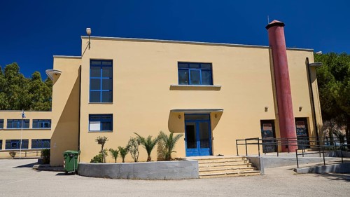 Gymnasium, Modern beige building with blue doors and windows under a clear sky, Historicism, Art