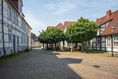 Cobbled courtyard with traditional half-timbered houses and trees on a sunny day, Verden an der