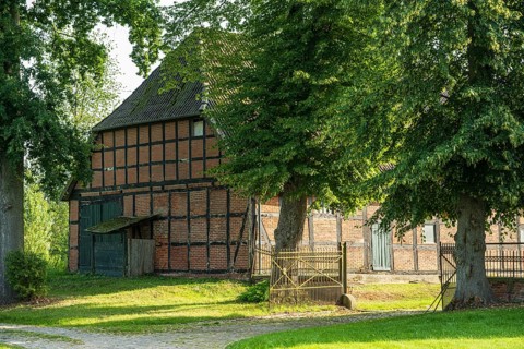 Half-timbered house surrounded by green trees and meadow on a sunny day, Bücken, district of