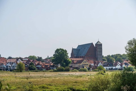 Village view with church in the background, seen from a meadow. Quiet, rural atmosphere, cathedral,