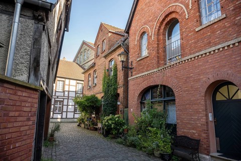 Narrow alley with red brick houses and lush plants on a sunny day, Warendorf, Münsterland, North