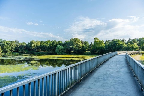 Bridge over a quiet river, surrounded by green trees and blue sky with clouds, Emssee near