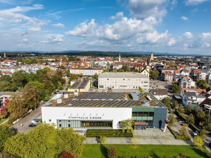 Aerial view of the town of Singen am Hohentwiel with the town hall, multi-purpose hall, event