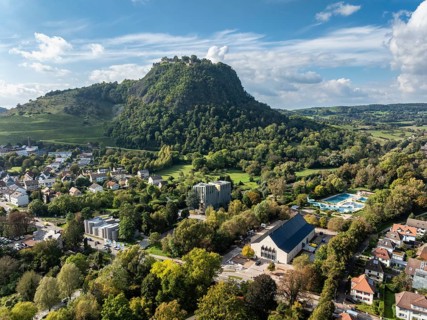 Aerial view of the town of Singen with the newly built Scheffelhalle, newly opened in 2025, behind