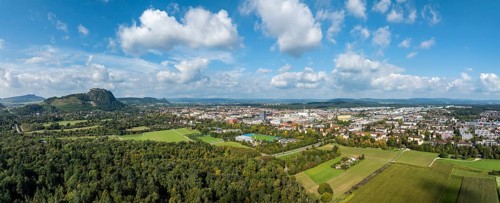 Aerial view, panorama of the town of Singen am Hohentwiel with the Münchriedstadion and