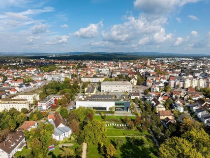 Aerial view of the town of Singen am Hohentwiel with the town hall, multi-purpose hall, event