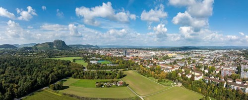 Aerial view, panorama of the town of Singen am Hohentwiel with the Münchriedstadion and