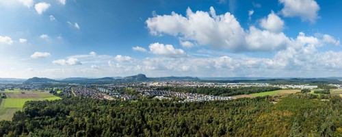 Aerial view, panorama of the town of Singen am Hohentwiel, on the horizon the Hegau mountains,