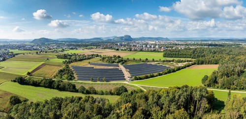 Aerial view, panorama, solar modules, solar park, photovoltaics, power generation from solar