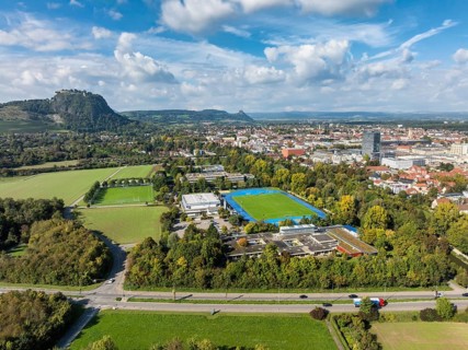 Aerial view of the town of Singen am Hohentwiel with the Münchriedstadion and Friedrich-Wöhler