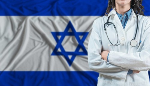 Medical professional on Israel flag. Healthcare and wellness in Israel, Concept