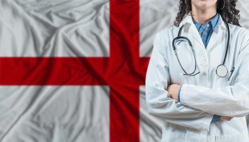 Medical professional on England flag. Healthcare and wellness in England, Concept