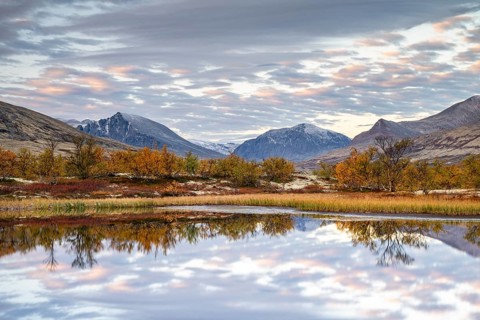Reflection of the autumn landscape in Rondane National Park, Berge, Døråldalen, Norway