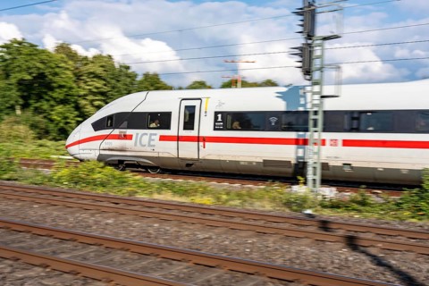 Train traffic on one of the busiest railway lines in Germany, ICE train between Duisburg and