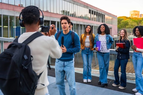 Student journalist filming and interviewing a young male student while a diverse group of female