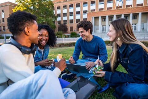 Group of happy young students smiling and laughing, sitting on grass having lunch and working with