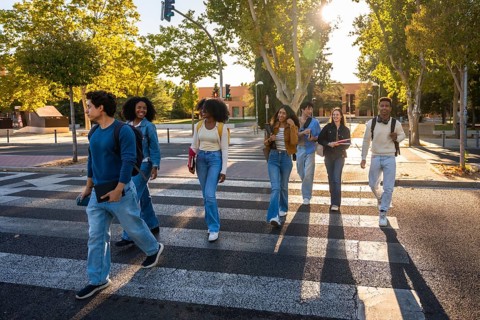 Group of multi ethnic university students walking together across a crosswalk on a sunny day,