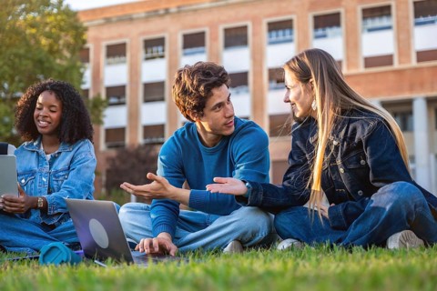 Diverse group of young university students sitting on the green grass casually talking and studying