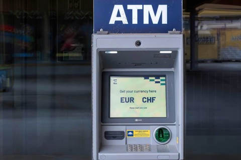 ATM machine euro against Swiss francs, Arosa, Graubünden, Switzerland