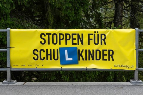 Stop advertising tarpaulin for schoolchildren, Arosa, Graubünden, Switzerland