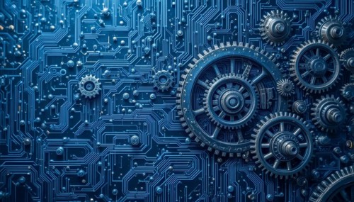 A close-up of a blue circuit board design with intricate details, combined with mechanical gears,