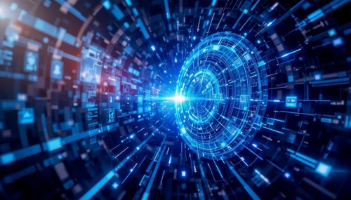 A vibrant digital tunnel with a bright light in the center, showcasing data flow and technological