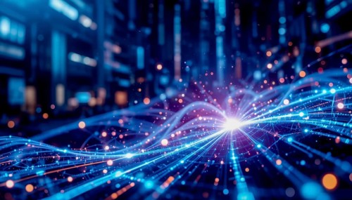 A vibrant image of a digital network, featuring glowing lines, particles, and a central bright