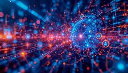 An abstract, high-tech illustration showcasing a complex network of interconnected data streams and