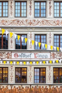 Lingg Inn, historic building, facade with painting, market square, Feldkirch, Vorarlberg, Austria
