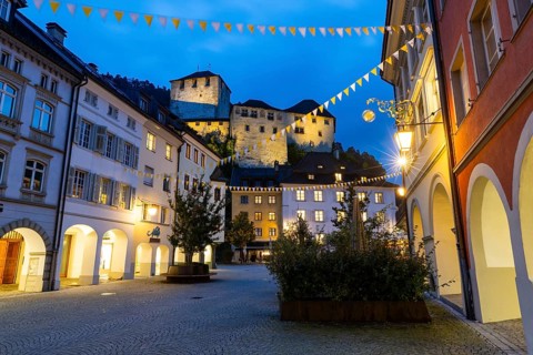 Historic houses, alley of houses with view of Schattenburg Castle, Blue Hour, Neustadt,