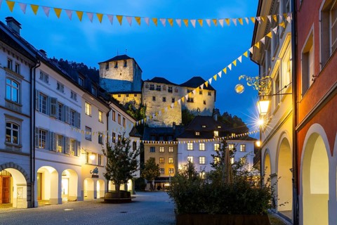 Historic houses, alley of houses with view of Schattenburg Castle, Blue Hour, Neustadt,