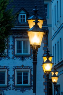 Historic lanterns, Blue Hour, St Nicholas Cathedral Parish, Feldkirch, Vorarlberg, Austria