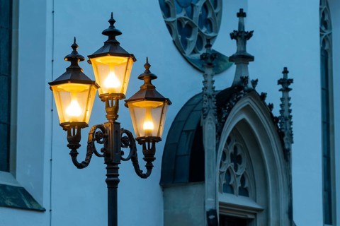 Historic lanterns, Blue Hour, Cathedral Parish Church, Feldkirch, Vorarlberg, Austria