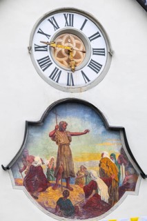 Façade, wall clock, Christian mural painting, St John's Church, market square, Feldkirch,