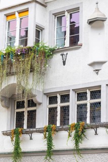 Façade, floral decoration, historic building, market square, Feldkirch, Vorarlberg, Austria