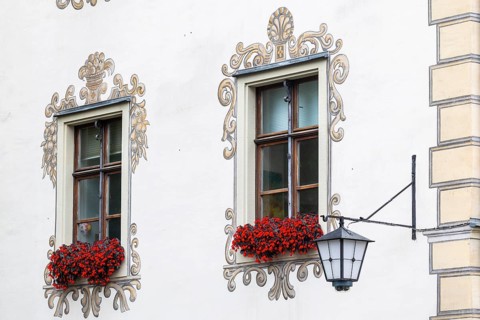 Palais Lichtenstein, historic building, facade with painting, historic lantern, Herrengasse,