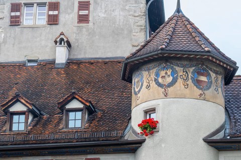 Facade, window shutters, floral decoration, historic building, Chrurer Tor, Feldkirch, Vorarlberg,