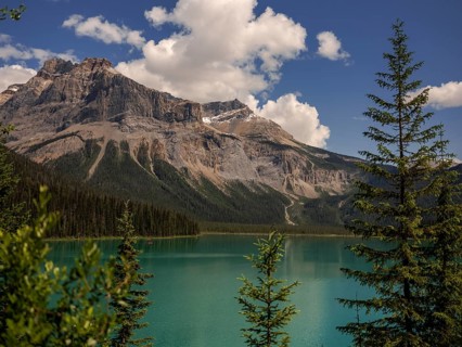 Emerald Lake with lush greenery and the rugged Canadian Rocky Mountains within Yoho National Park