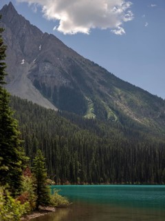 Steep mountain range of the Canadian Rocky Mountains above dense forest and Emerald Lake inside