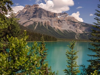 Emerald Lake with lush greenery and the rugged Canadian Rocky Mountains within Yoho National Park