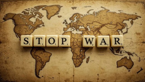 The words 'STOP WAR' are spelled out with letter tiles on a detailed, antique-style world map,