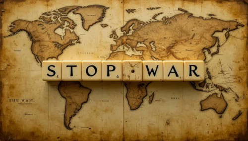The image features the message STOP WAR spelled out with letter tiles on an antique world map,